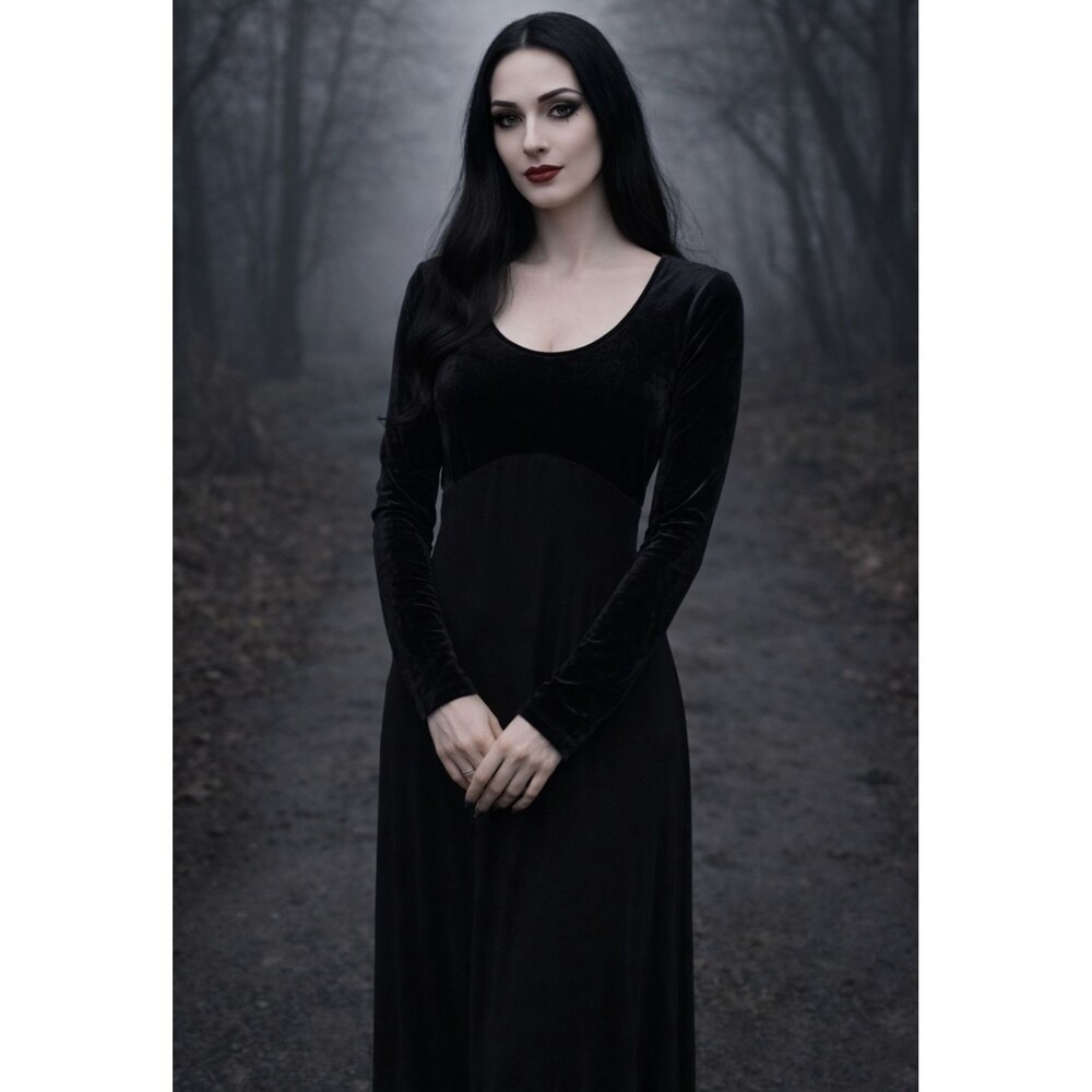 Shape FX Women's Black Velour Maxi Dress Gothic Long Sleeve Bodycon Size 10